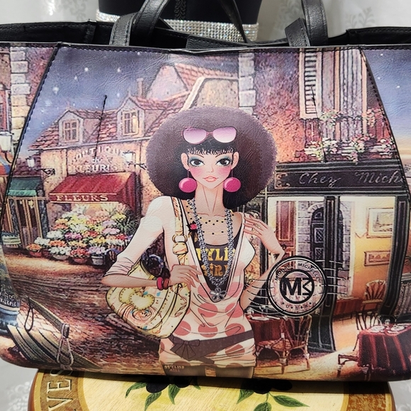 Michael Michelle Large Coated Canvas Printed French Market Scene Tote Bag - Picture 9 of 13